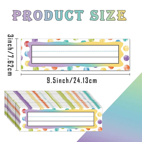 Colorful Dot Desk Nameplates Set 9.5x3 Inches For Kids Classrooms, 48 Pcs Confetti Watercolor Manuscript Name Plates with size labels