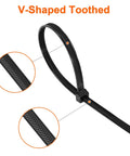 Tough As Nails 12 Inch V Shaped Toothed Double Sided Cable Ties With 200 Lbs Tensile Strength for indoor outdoor use, black nylon