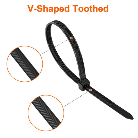Tough As Nails 12 Inch V Shaped Toothed Double Sided Cable Ties With 200 Lbs Tensile Strength for indoor outdoor use, black nylon