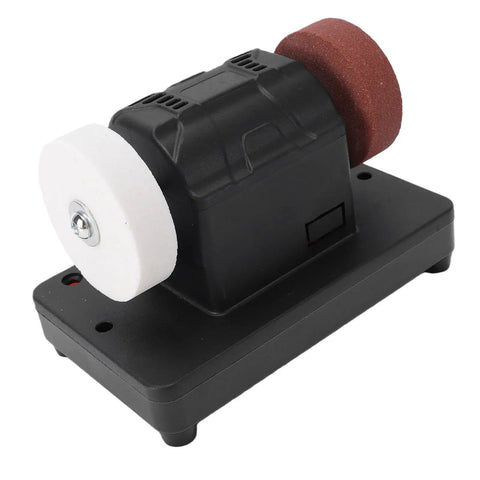 Heavy Duty 3 Inch Mini Bench Grinder Built For The Daily Grind Boasting A Beefy All Copper Motor With Smooth Variable Speed Tuned From 2000 To 6000 RPM Fully Cordless Setup, featuring two grinding wheels.