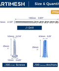 Pro Grade Heavy Duty Concrete Wall Anchors And Screws Kit With Drill Bit For Concrete And Drywall, 100 Conical Anchors And 100 Zinc Plated Screws, Rust Proof Galvanized Carbon Steel For DIY Projects By ARTIMESH