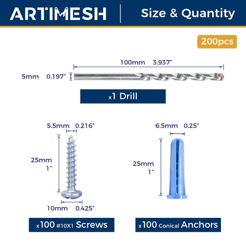 Pro Grade Heavy Duty Concrete Wall Anchors And Screws Kit With Drill Bit For Concrete And Drywall, 100 Conical Anchors And 100 Zinc Plated Screws, Rust Proof Galvanized Carbon Steel For DIY Projects By ARTIMESH