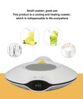 Smart Usb Coffee Warmer Dual Purpose Heated Coaster Keeps Drinks Piping Hot Or Crisp Chilled Instantly on a desk with various beverages.