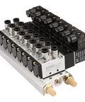 Eight Port Pneumatic Solenoid Valve Set With Two Position Five Way Base Muffler Quick Fittings PT One Eighth Inch DC Twenty Four Volt Solenoid Pack