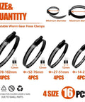 BOTTEN 16-piece hose clamp set, four sizes (14–27mm, 27–51mm, 52–76mm, 78–102mm), adjustable worm-gear, black