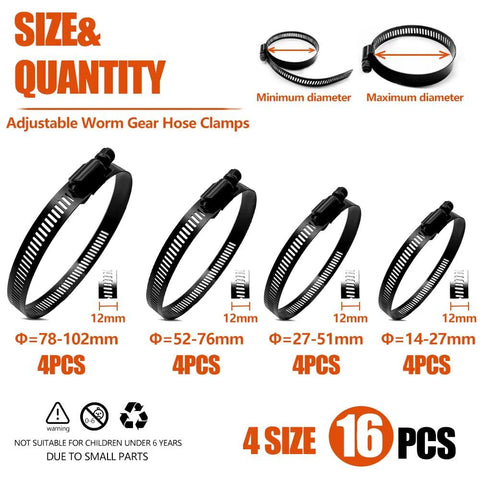 BOTTEN 16-piece hose clamp set, four sizes (14–27mm, 27–51mm, 52–76mm, 78–102mm), adjustable worm-gear, black