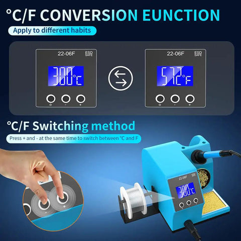 60W Soldering Station With LCD Digital Display And Celsius Fahrenheit Readout Precise Temperature Control shown with CF conversion feature