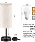 Two Pack Bedside Table Lamps With USB Charging Port And AC Outlet For Bedroom Or Living Room, 3 Color Temperatures, Black Finish
