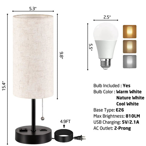 Two Pack Bedside Table Lamps With USB Charging Port And AC Outlet For Bedroom Or Living Room, 3 Color Temperatures, Black Finish