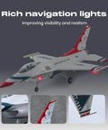 RC Jet Fighter F16 Fighting Falcon 64mm EDF Airplane for Grownups with navigation lights and detailed wing close-ups.
