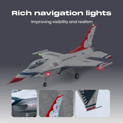 RC Jet Fighter F16 Fighting Falcon 64mm EDF Airplane for Grownups with navigation lights and detailed wing close-ups.