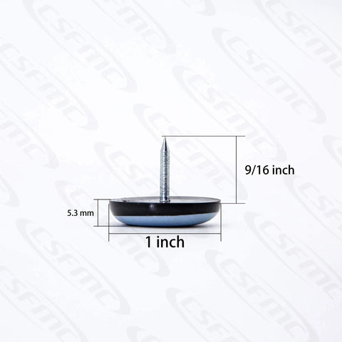 Heavy Duty Teflon Furniture Slider, 1 inch diameter, nail-on base, measures 9/16 inch tall, ideal for gliding furniture smoothly.
