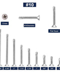 Number Ten By One And A Half Inch Sheet Metal Screws, 100 Pieces, 410 Stainless Steel Flat Head Self Tapping Tek Screws. Various sizes displayed.