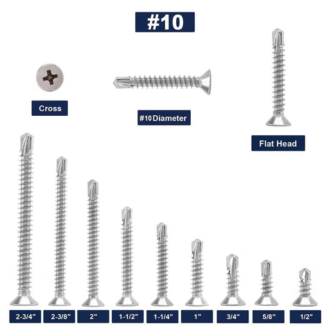 Number Ten By One And A Half Inch Sheet Metal Screws, 100 Pieces, 410 Stainless Steel Flat Head Self Tapping Tek Screws. Various sizes displayed.
