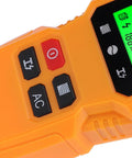 Close-up of Fafeicy Wall Scanner 5 in 1 Stud Finder with LCD Display buttons and green screen, showing operational features.