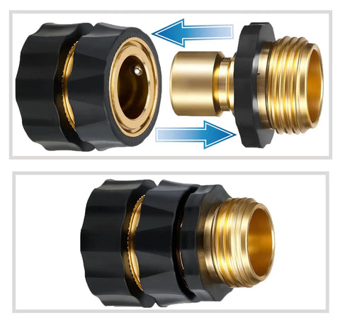 Premium Aluminum Three Quarter Inch Garden Hose Quick Connectors Set Of Four Male And Female Fittings shown in two parts