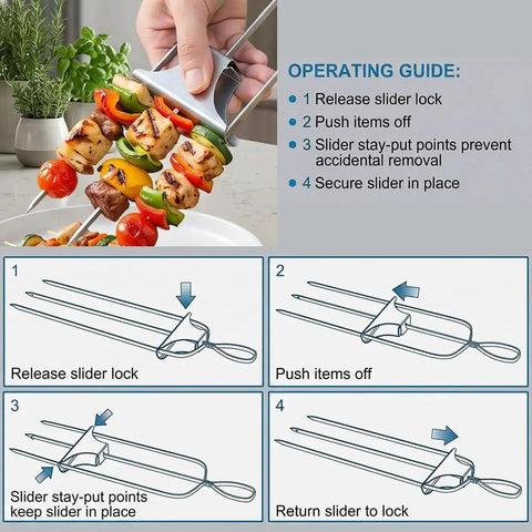 Three Prong Stainless Steel Grilling Skewers With Push Off Slider 14.7 Inch Reusable Metal Kabob Skewers Two Pack With Storage Bag For Meat Vegetables Chicken Outdoor Grill Accessories shown in use with instructions