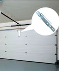 Heavy Duty 18 Inch Garage Door Operator Reinforcement Bracket Made From Galvanized Steel Top Panel Mount For Stabilizing And Repairing Garage Doors Non Adjustable Durable Bracket For Reliable Home Garage Installations installed on white garage door