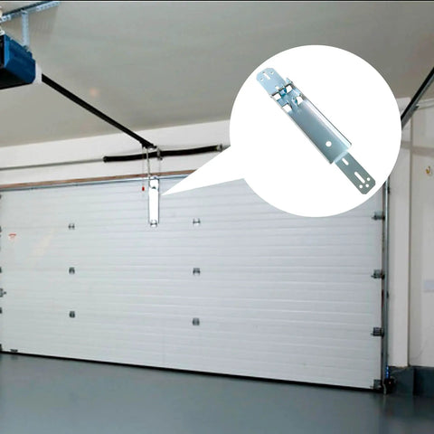 Heavy Duty 18 Inch Garage Door Operator Reinforcement Bracket Made From Galvanized Steel Top Panel Mount For Stabilizing And Repairing Garage Doors Non Adjustable Durable Bracket For Reliable Home Garage Installations installed on white garage door