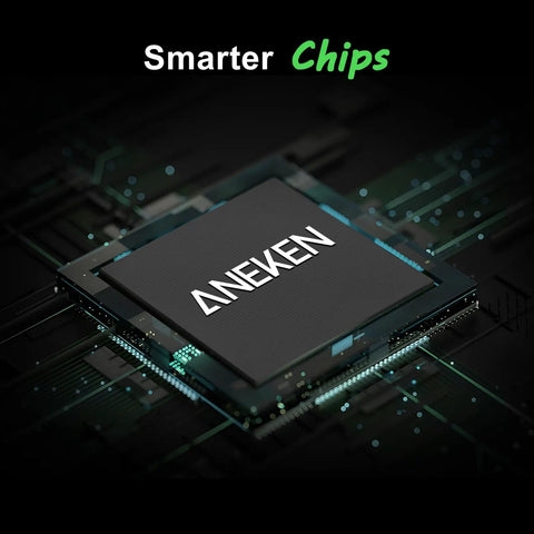Close up of Aeneken microchip on circuit board showcasing advanced technology labeled 'Smarter Chips'.