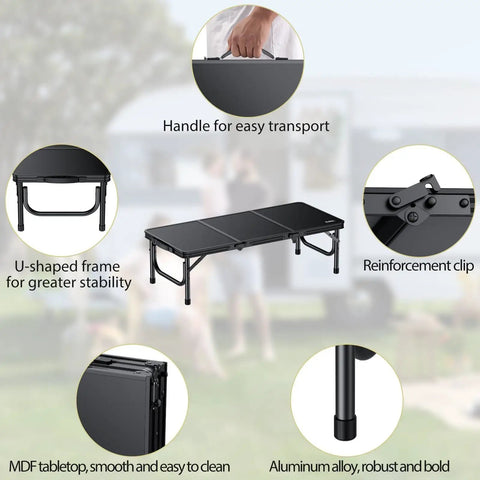 Three Foot Low Folding Picnic Table With Thick Aluminum Build, 10.3 Inch High, shown with features like handle and U-shaped frame.