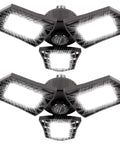 Ultra Bright Garage LED Ceiling Lights Pack Of 2, 6000 Lumen 6500K Daylight, 60W Total, Foldable Three Leaf Panels, shown illuminated