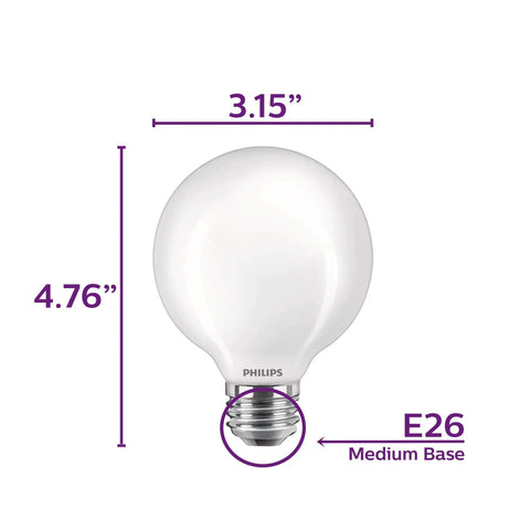 Non Dimmable G25 LED Light Bulbs With Frosted Glass Flicker Free And EyeComfort Technology 500 Lumens 5000K Daylight 5.5W 60W Equivalent E26 Base Energy Saving LED Bulbs Not For Hue 12 Pack, showing dimensions and E26 base label.