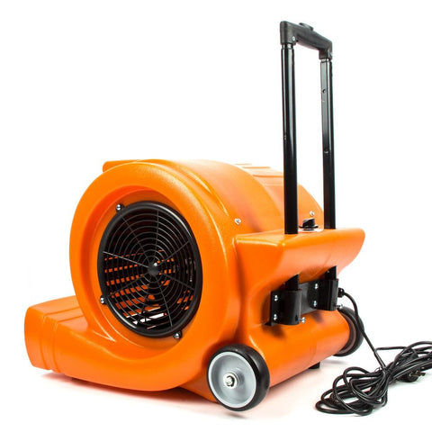 Powerful 3 Speed Air Mover With 1.3HP Motor Delivers 5000 CFM For Quick Carpet Drying, Workhorse Floor Blower in orange with handle and wheels