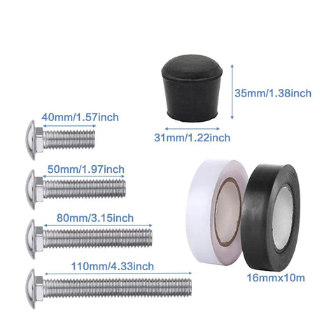 Eight Piece Color Guard Weight Anchor Set Featuring Sturdy Flag Pole Caps And Reliable Black White Electrical Tape For Marching Bands and Honor Guard Drills, components including screws and caps.