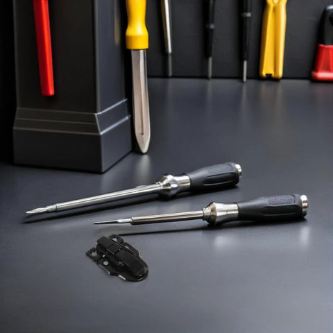 Vintage Iron Draw Latch Lock Set 4 Pcs Black Retro Cabinet Door Hardware With Quick Setup next to screwdrivers on workbench.