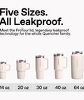 Five sizes of Solid Double Wall Vacuum Insulated Flip Straw Travel Tumblers in rose quartz, showcasing 14 oz to 64 oz variations.