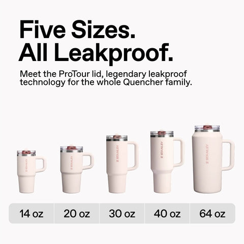 Five sizes of Solid Double Wall Vacuum Insulated Flip Straw Travel Tumblers in rose quartz, showcasing 14 oz to 64 oz variations.