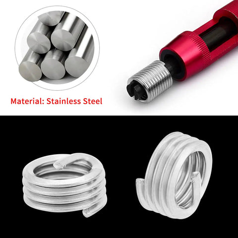 M6 1.0 1D Stainless Steel Threaded Inserts Kit 100 Pcs Helical Coil Wire Thread Repair, stainless steel rods and tool close-up