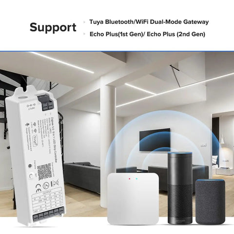 5 In 1 Tuya Zigbee 3.0 LED Controller with Echo and Tuya Gateway in modern living room setup