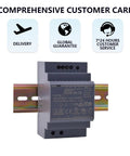 Ultra Compact 24V 2.5A 60W Industrial DIN Rail Power Supply with customer care icons in background