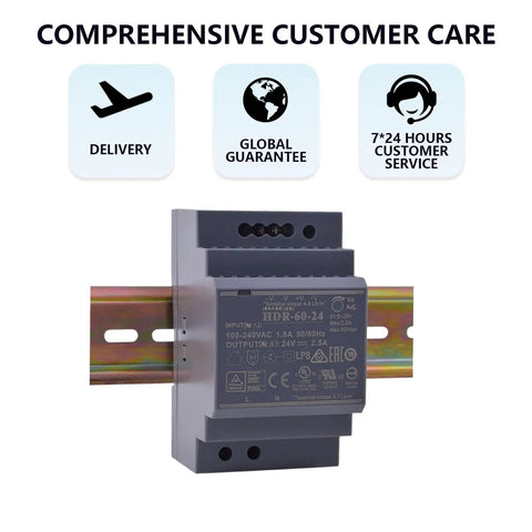 Ultra Compact 24V 2.5A 60W Industrial DIN Rail Power Supply with customer care icons in background