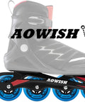 Close-up of blue 76mm 85A inline skate wheels on black frame, labeled Aowish, for outdoor and indoor use, durable and smooth glides.