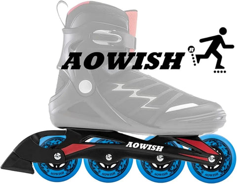 Close-up of blue 76mm 85A inline skate wheels on black frame, labeled Aowish, for outdoor and indoor use, durable and smooth glides.
