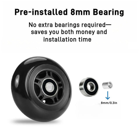 Close-up of 4 Pack Inline Hockey Skate Wheels Set with 85A PU ABEC-9 bearings, showing wheel, bearing, and spacer details.