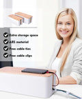 2 Pack Large Cable Management Box Set With Wooden Style Cord Organizer And Cover For TV Wires, Computer, Router, USB Hub And Under Desk Power Strip, Safe ABS Material, Baby And Pet Proof Lock, White in office setting with storage space and accessories visible.