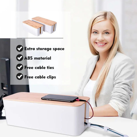 2 Pack Large Cable Management Box Set With Wooden Style Cord Organizer And Cover For TV Wires, Computer, Router, USB Hub And Under Desk Power Strip, Safe ABS Material, Baby And Pet Proof Lock, White in office setting with storage space and accessories visible.