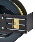 Close-up of Beefy Heavy Duty Steel Retractable Hose Reel For Air And Water Three Eighths Inch By Fifty Feet Hybrid Polymer Hose Max 300 PSI