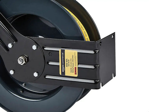 Close-up of Beefy Heavy Duty Steel Retractable Hose Reel For Air And Water Three Eighths Inch By Fifty Feet Hybrid Polymer Hose Max 300 PSI