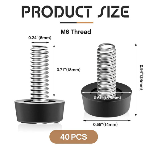 Forty Piece Heavy Duty M6 Thread Adjustable Furniture Levelers And Screw In Feet To Squash Wobbly Tables And Chairs Quick With Grip Tight Glides That Stop The Wobble Forever For Indoor Or Outdoor Setup showing dimensions.