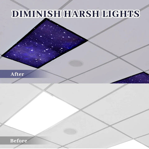 Before and after view of 10 Pack Fluorescent Light Covers For 2 By 4 Ft Ceilings Magnetic Mount Ceiling Light Shields for classrooms.