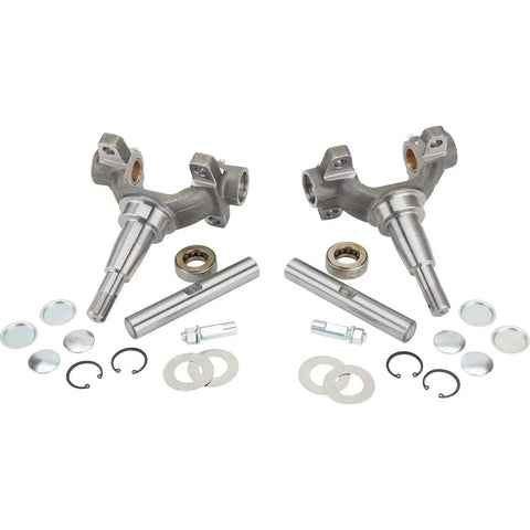 Old School Gasser Axle Spindle Brake Kit for vintage drag cars, Chevy style spindles, visible metal components and accessories