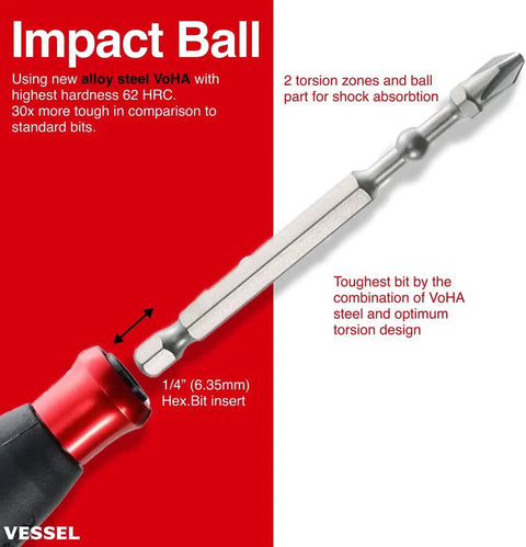 Impact ball showing VoHA steel double-ended bit with 1/4 in hex insert, part of the Two Way USB Powered And Manual Screwdriver.