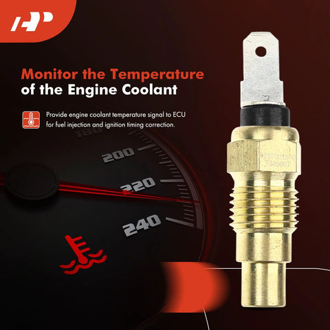 Close-up of brass automotive engine coolant temperature sensor with threaded body and blade-style terminal.