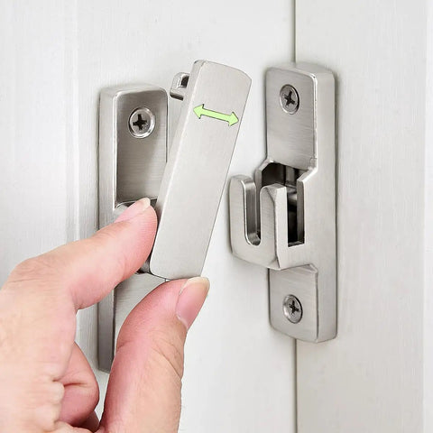 Heavy Duty Luminous Barn Door Latch With Built In Night Light 90 Degree Sliding Lock shown in use on a door handle.