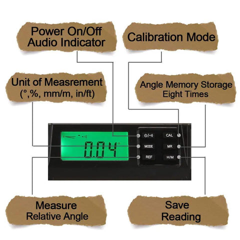 LCD display of 24 Inch Digital Torpedo Level And Protractor With Neodymium Magnets Bright showing readings and functions labels.